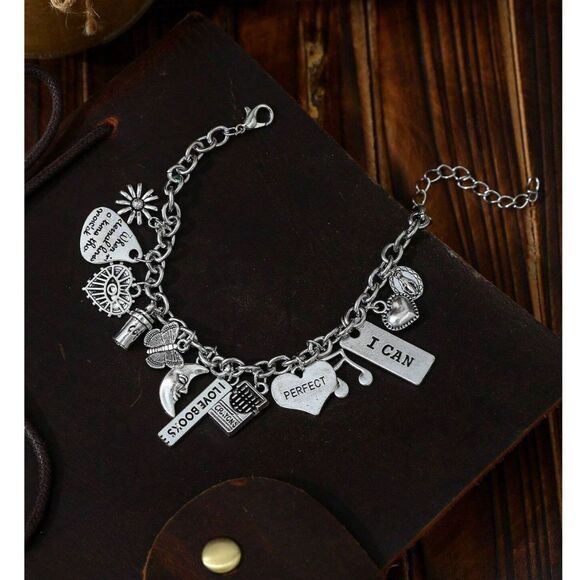 Silver Multi Charm Link Bracelet Adjstbl Pendnt Heart Flowr Buttrfly Coffee Moon - Picture 2 of 7